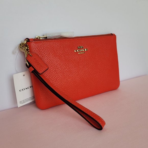 COACH Small Wristlet in Polished Pebbled Leather -Red Orange - Picture 5 of 16